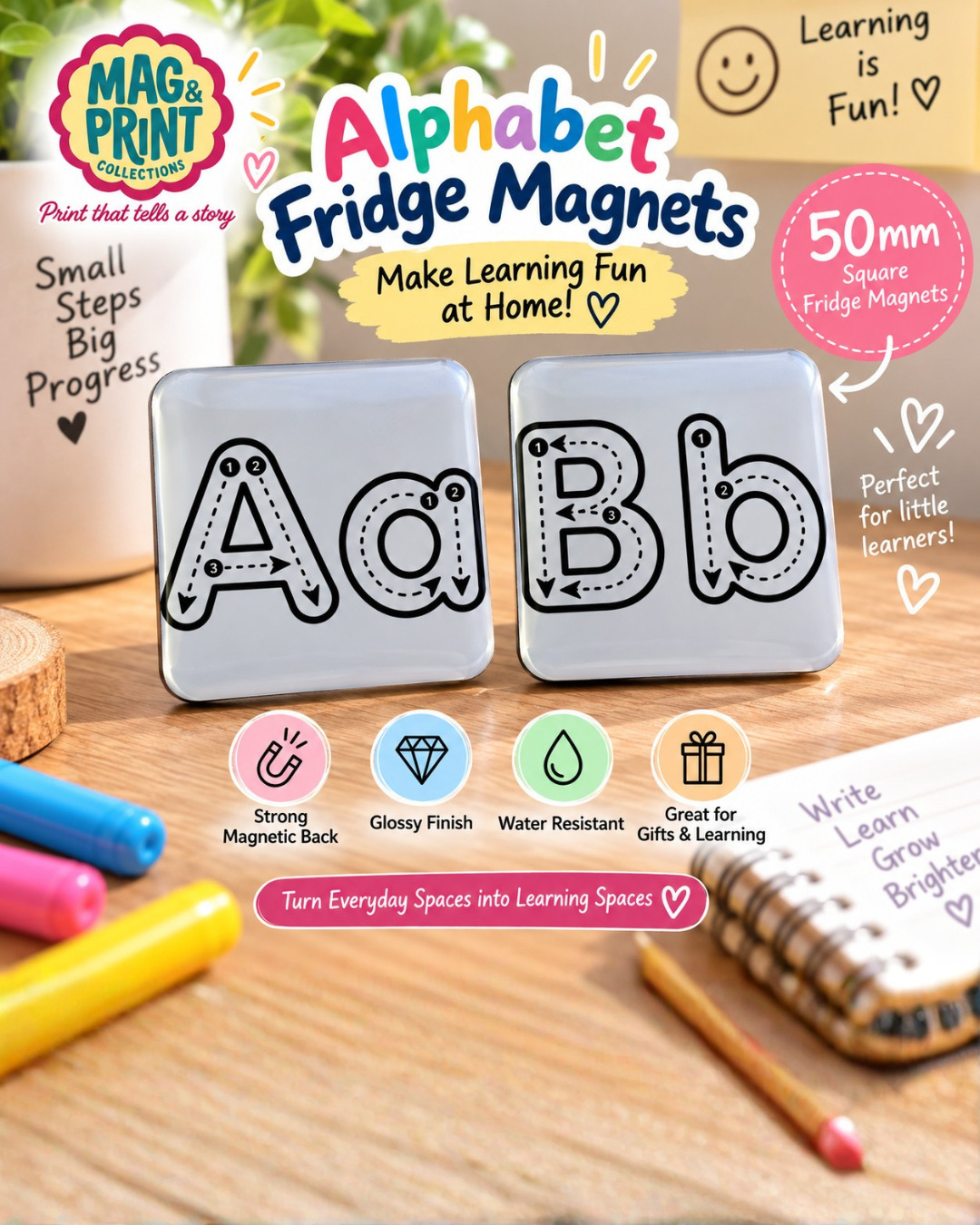 Personalised Alphabet Tracing Fridge Magnets – 25-Piece Set for Kids | Custom Colours